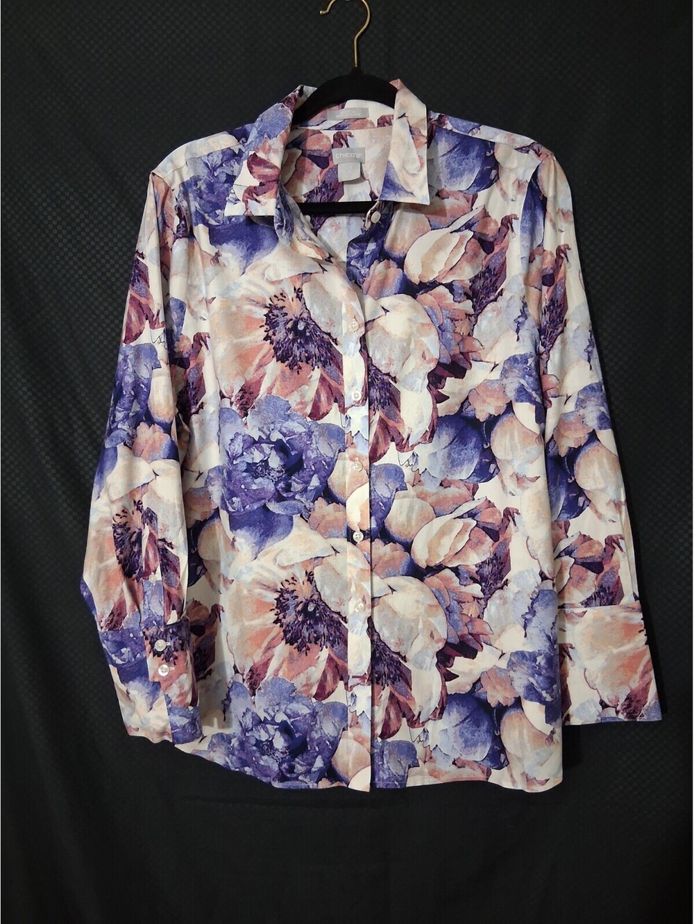 Chicos Women's Chic Stretch No Iron  Purple Pink Watercolor Floral Shirt, XL